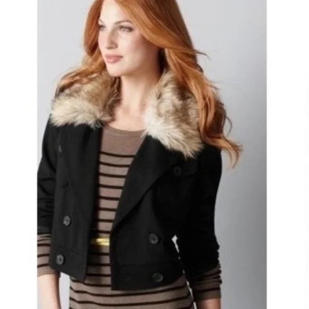 LOFT Black Cropped Coat with Faux Fur Collar